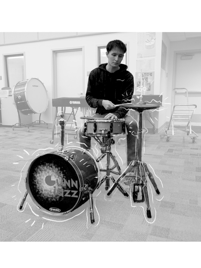 Senior Aidan Roessig practices the drums in the band room.
Photo illustration by Sophia Lu, Jocelyn Wang and Wendy Xiong